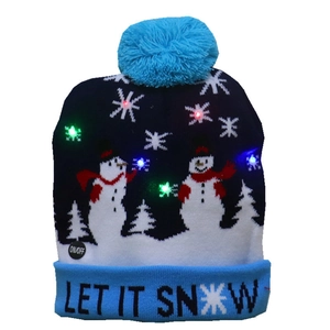 LED knitted Christmas beanie with colorful glowing lights and festive snowman pattern
