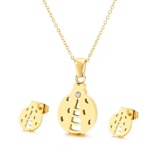 Ladybug Necklace And Earrings Stainless Steel Hollow Animal Shape Rhinestone Inlaid Cute Fashion Jewelry For Women