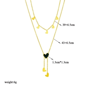 18K gold plated double layer necklace featuring black heart pendant and tassels