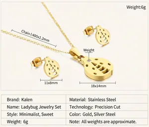 Detailed view of hollow-cut ladybug pendant and earrings set in polished gold stainless steel