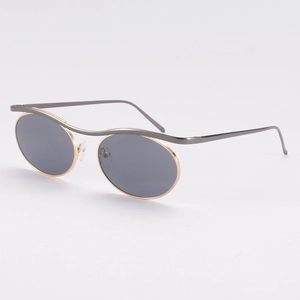 Chic oval metal sunglasses with gray UV lenses and unique gold bridge detail