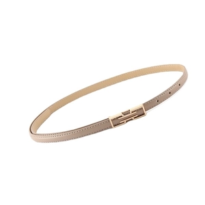 Classic khaki slim leather belt for women with golden rectangular buckle on white background