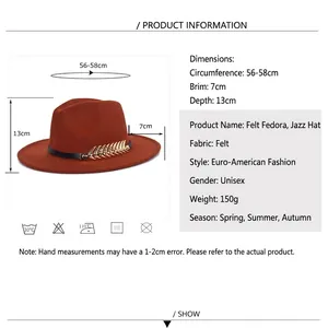 Size chart for wool jazz fedora hat with 56-58cm circumference and feather trim band