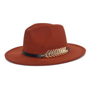 Vintage Woolen Fedora Hat Wide Brim Jazz Cap With Golden Metal Feather Buckle And Leather Band Retro For Men Women