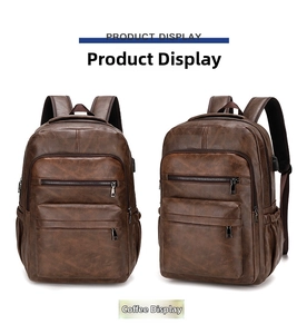 Coffee brown leather backpack detail showing USB charging port and multi-zipper design