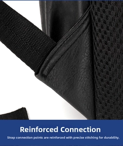 Macro shot of reinforced stitching on PU leather shoulder strap with breathable mesh