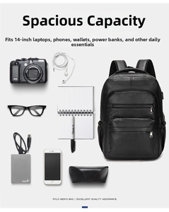Detail of black PU leather backpack showing large capacity for a 14-inch laptop
