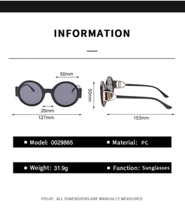Size guide for round sunglasses showing 127mm total width and 50mm lens dimensions