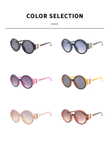 Selection of retro round frame sunglasses in six colors with gold hinge detailing