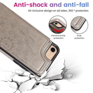 Beige mandala embossed leather flip case for iPhone 16e with 360 drop protection