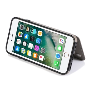 Gray-brown embossed leather flip case for iPhone with kickstand functionality on white background