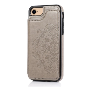 Detail of taupe leather phone case with embossed mandala pattern and card holder slot