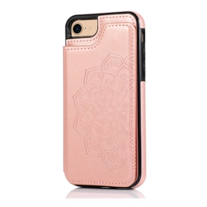 Pink mandala embossed faux leather phone case with card slot and black protective bumper