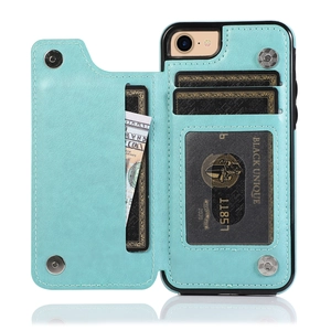 Detail view of turquoise PU leather wallet case with card slots and cash pocket