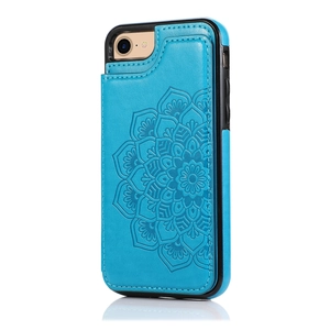 Blue leather phone case with embossed mandala pattern and card slot for iPhone