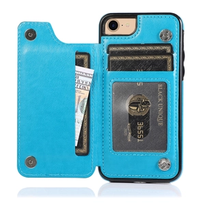 Blue leather flip phone wallet case with internal card slots and cash compartment