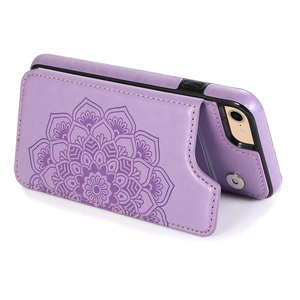 Detail of purple mandala embossed leather wallet case with functional back card slot