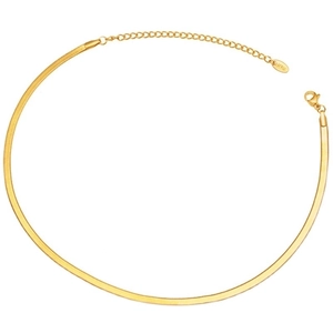 Polished 18K gold snake chain necklace with lobster clasp on white background