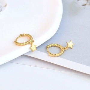 Minimalist gold star drop earrings with beaded hoops for women in polished finish