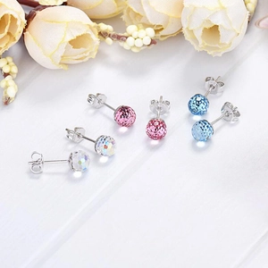 Three pairs of S925 sterling silver crystal ball stud earrings in pink, blue and clear