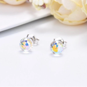 Sparkling faceted crystal ball stud earrings with colorful AB finish and silver pins