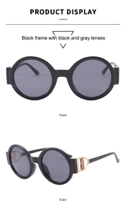 Detail of round sunglasses featuring thick black frames and gold hollow geometric temple accents