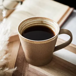 Handmade stoneware coffee cup and saucer set with textured matte finish and latte art