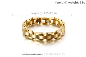 Detail view of gold stainless steel link bracelet with 215mm length and 11mm width