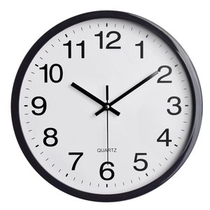 Modern 30cm circular wall clock with black frame and quartz movement for home decor