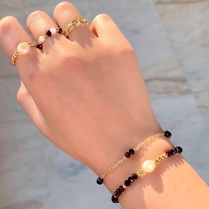 Bohemian Jewelry Bracelet And Ring For Women Stainless Steel With Artificial Pearl And Black Crystal Beads Retro Vintage Style