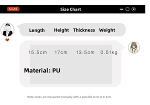 Detailed size table for the PU crossbody bag showing height width and weight parameters