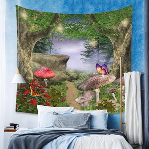 Detail view of fantasy mushroom forest tapestry hanging as bedroom wall decor