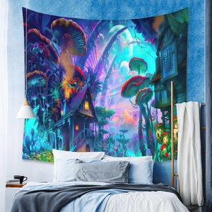 Detail of psychedelic mushroom tapestry showing vibrant fantasy forest and magical colors