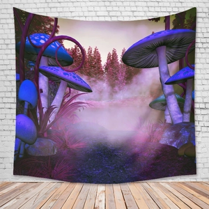 Detail of bohemian fantasy mushroom tapestry with glowing plants on a white brick wall