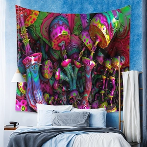 Detail of psychedelic mushroom tapestry with vibrant abstract patterns in a bedroom