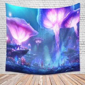 Detail of neon mushroom tapestry with fantasy deep sea theme hanging on white brick wall