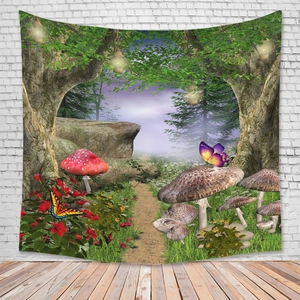 Mockup of fantasy mushroom tapestry with red butterflies on a white brick wall