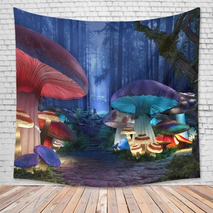 Detailed view of bohemian mushroom tapestry with vibrant colors on a white brick wall