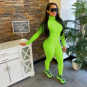 Women Sexy Skinny Solid Color Ribbed Jumpsuit Stand Collar Zipper Long Sleeve Bodycon Romper With Thumb Holes For Party Wear