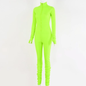 Detail of neon green ribbed bodysuit showing front zipper and ruched texture details