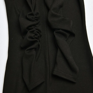 Macro detail of black ribbed knit fabric showing intricate pleat design and soft texture