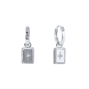 Silver geometric rectangular drop earrings with star patterns and hoop closures