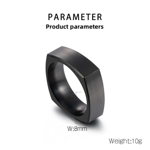 Technical drawing of a 8mm wide black brushed stainless steel square ring weighing 10g