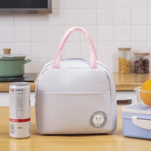 Insulated lunch bag in light grey oxford fabric with pink handles and rabbit logo badge