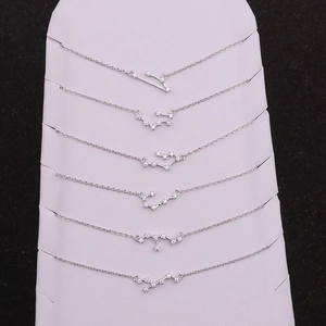 Silver zodiac necklaces with cubic zirconia charms displayed on a professional white stand