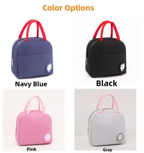 Collage of insulated lunch bags in navy, black, pink, and grey with zippers