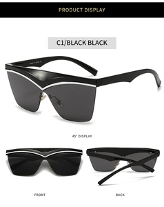 Detailansicht der modischen Katzenaugen-Sonnenbrille mit schwarzem Rahmen und Silber-V