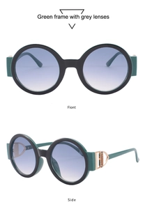 Detail of round frame sunglasses showing green black gradient and gold metal temple accents