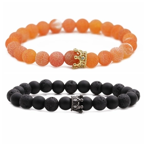 8mm crown charm beaded bracelet set with volcanic stone and turquoise on white background