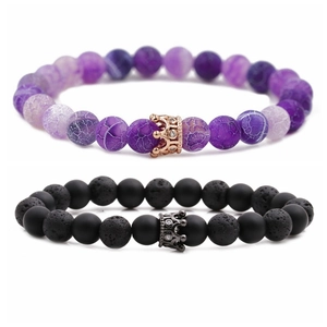 8mm volcanic lava and turquoise beaded bracelet set with decorative metal crown charms